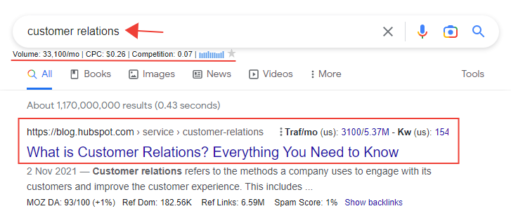 Screenshot of HubSpot's post in position #1 to explain what SEO is.