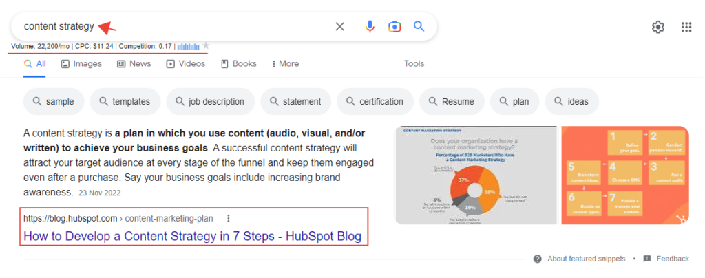 Screenshot of HubSpot's post as the featured snippet to explain what SEO is.