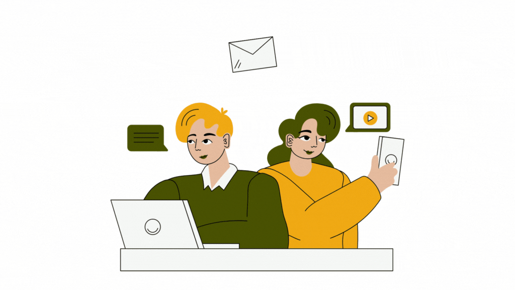 Animation of a woman going live on social media and a man checking for in-live content ideas.