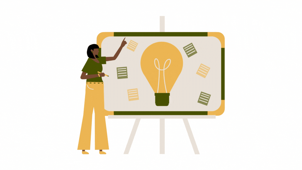 Animation of a woman brainstorming for new content ideas