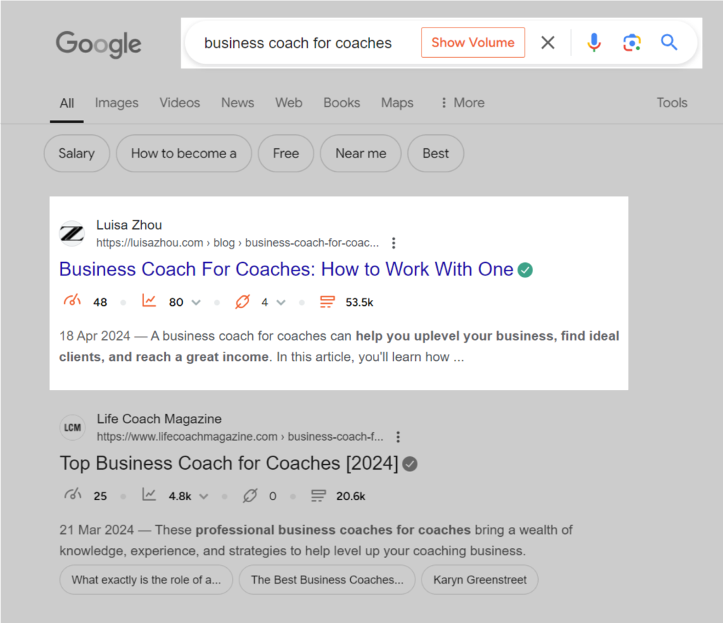 A screenshot of Luisa Zhou's post ranking as a proof of SEO for coaches