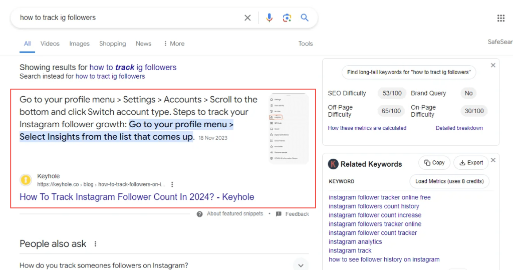 Screenshot of the first article ranking as a featured snippet | Keyhole Content Writing Project