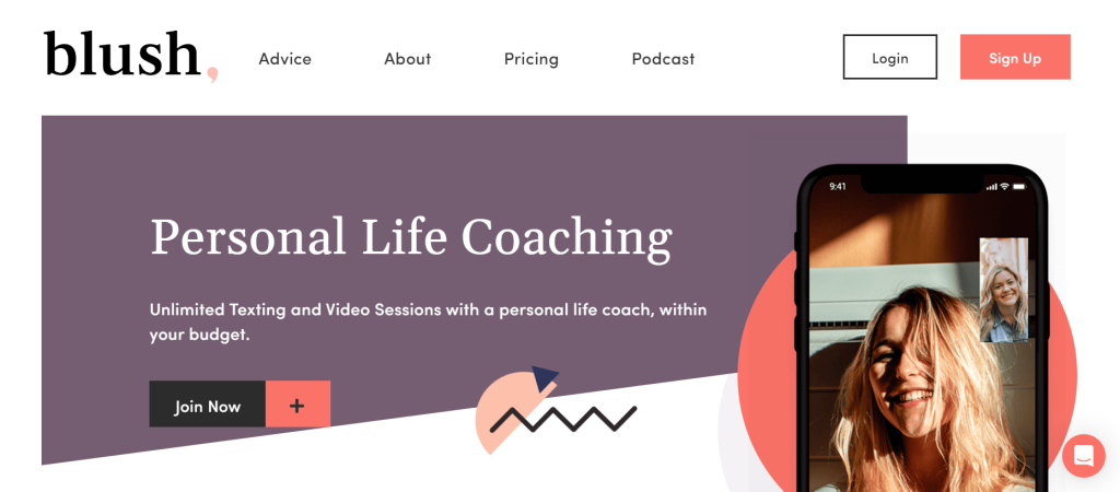 Screenshot of Blush Life Coaching, life coaches website.