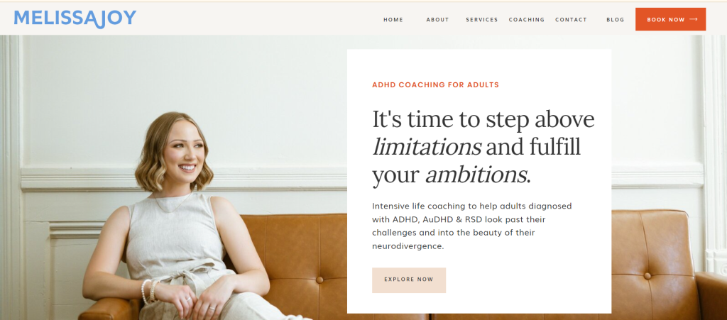 Screenshot of Melissa Joy Coaching, a life coach website.