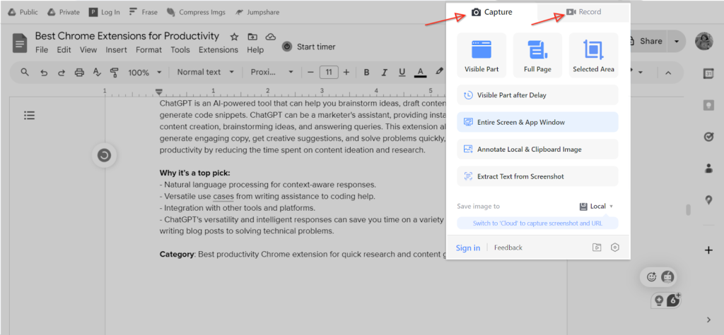 Screenshot of Awesome Screenshot, one of the 10 Best Chrome Extensions for Productivity