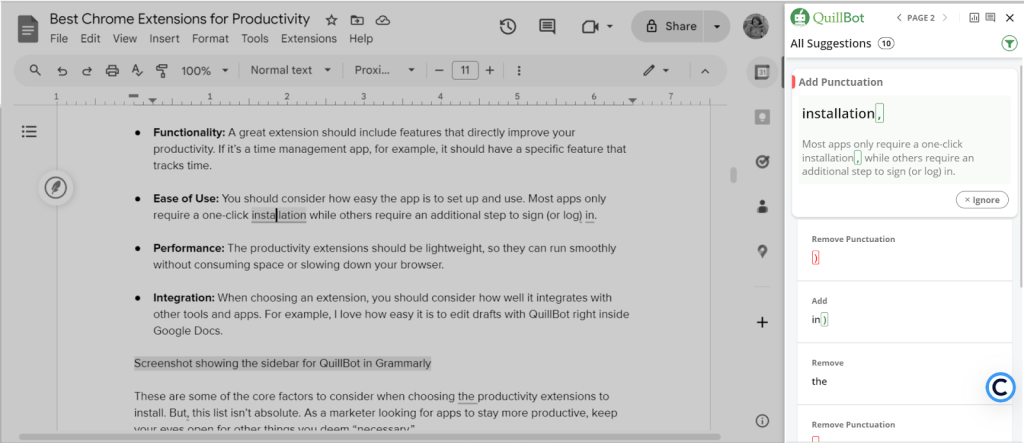 Screenshot for QuillBot, one of the 10 Best Chrome Extensions for Productivity