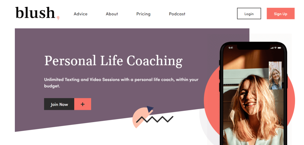 Screenshot of Blush Life Coaching, life coach website.