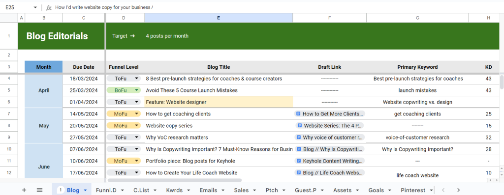 Screenshot of my content calendar as a step for "SEO for coaches"